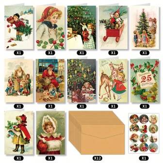 Vintage Christmas Greeting Cards 12 Packs, Retro Holiday Postcards Set With Santa, Angels, Reindeer, Christmas Tree, Seasonal Notecards For Thanksgiving, Christmas, New Year, Birthday, Thank You, Blank Inside, English, Personalizable For Any Recipient