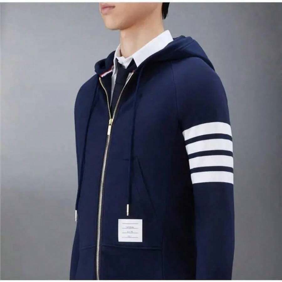 Thom Browne Engineered 4 Bar Diagonal Zip Up Hoodie Navy SHEIN USA