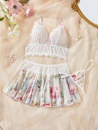 2 件女式蕾丝吊带背心和迷你裙套装，性感内衣