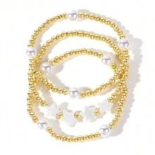 3ST Kvinnors armband Kopparpärlor Guldpärlor Pläterade 18K guldstjärnor Faux Pearl Påskpresent Elastiskt armband Mode Enkel Bohemisk Design Dam Elegant Armband Guldpärlor Pärlor Damarmband Lämpligt för dagligt bruk Lämpligt för vikning Lämplig för presenter - Multifärgad - Visa 6