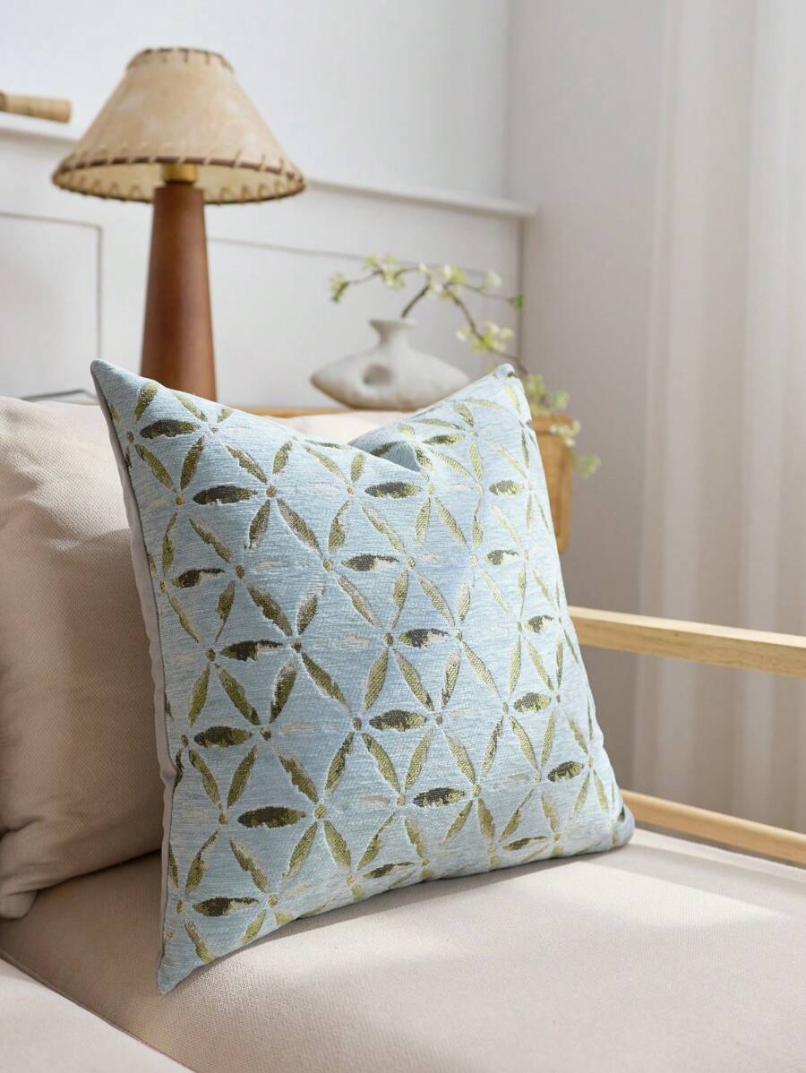1pc Chenille Floral Jacquard Pillow Cover, Farmhouse Style Square Cushion Cover, Suitable For Sofa, Bed, Chair, Living Room, Bedroom, Car Decor, Light Blue - Light Blue - View 1