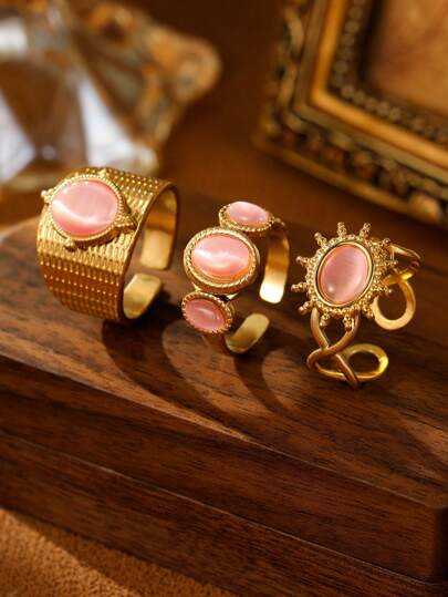 3pcs Stainless Steel Fashion Vintage Style Women's Pink And Green Cat's Eye Gemstone Open Ring Setting, Suitable For Women's Daily Wear Or Gift Giving
