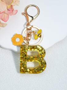 1 móc khóa chữ cái tiếng Anh bằng nhựa có trang trí hoa và ong, phụ kiện treo thời trang làm quà tặng cho bạn bè và mẹ, phong cách Châu Âu và Mỹ - vàng - Xem 14