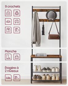 VASAGLE Porte-Manteau avec Étagère à Chaussures, Meuble d'Entrée avec Banc, 3-en-1, Cadre en Acier, pour Entrée, Couloir, 32 x 70 x 177 cm, Style Industriel, Couleur Chêne et Crème/ Grège et Noir/ Marron Châtaigne et Noir/ Marron Rustique et Noir - Tabac - Voir 10