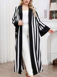 女士长袖前开条纹休闲长款阿拉伯风格简约长袍 - 黑與白 - 查看 2