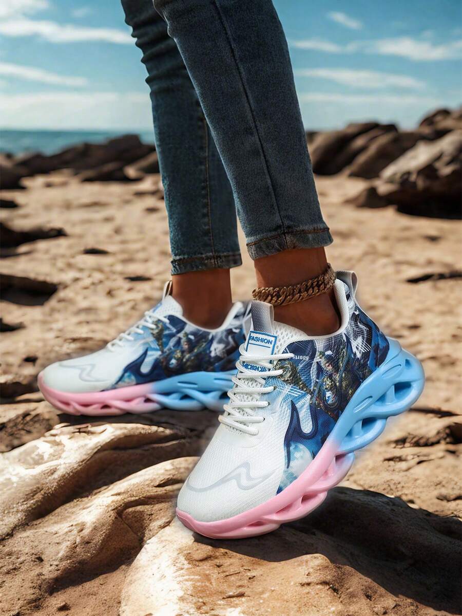 Damenschuhe Weiße Sportschuhe Sneaker mit Goku Muster, modische Lässig Schuhe, Studentenschuhe, Trainingsschuhe, Laufschuhe, Einkaufsschuhe, Damenschuhe für die Arbeit, leicht und rutschfest - Blau - Übersicht 1