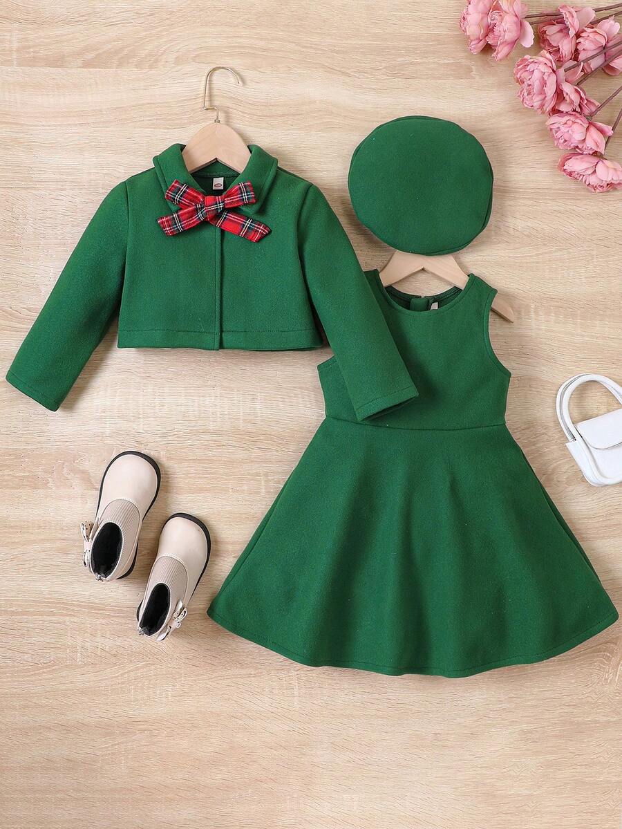 2pcs/Set Young Girl Short Coat + Suspender Skirt Outfit, Comes With Bow Beret Hat, For Autumn/Winter - Green - View 1