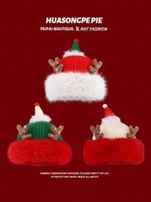 1pc Plush Reindeer Horn Christmas Hat, Warm Knitted Beanie Unisex - Multicolor - View 2
