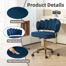 Anwick Silla de escritorio para oficina en casa de terciopelo, silla de computadora moderna y linda, silla giratoria ajustable en altura con ruedas para oficina en casa - Azul Marino - Ver 6