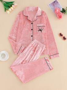 2 Stücke Damen Samt Pyjama Set, Kragen Knopf Langarm Top und lose bequeme Hose, elegante warme dicke Damen Nachtwäsche und Lounge-Kleidung