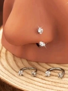 Bộ 3 khuyên mũi và hoa tai bằng thép không gỉ, thiết kế hình trái tim và ngôi sao bằng đá Cubic Zirconia, phù hợp cho trang sức xỏ khuyên mũi của phụ nữ, tối giản gợi cảm, không mạ, đeo hàng ngày - Bạc - Xem 1