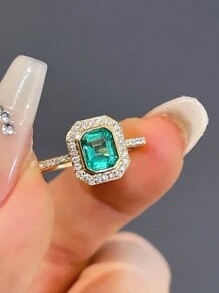 1 件时尚复古方形绿色方晶锆石 S925 纯银戒指，优雅珠宝礼物，适合女性日常佩戴或派对场合 - 金色 - 查看 4