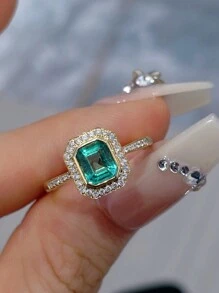 1 件时尚复古方形绿色方晶锆石 S925 纯银戒指，优雅珠宝礼物，适合女性日常佩戴或派对场合 - 金色 - 查看 3