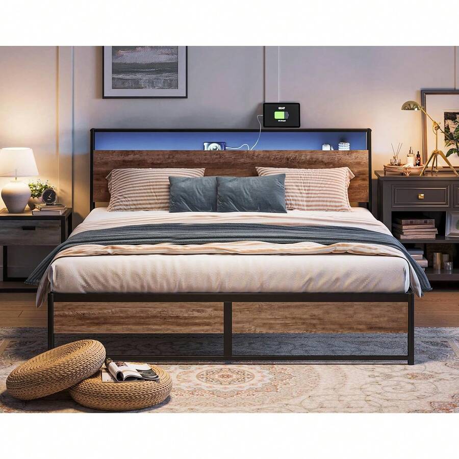 King Size Bed Frame, Ergonomic Storage Headboard With Charging Station
