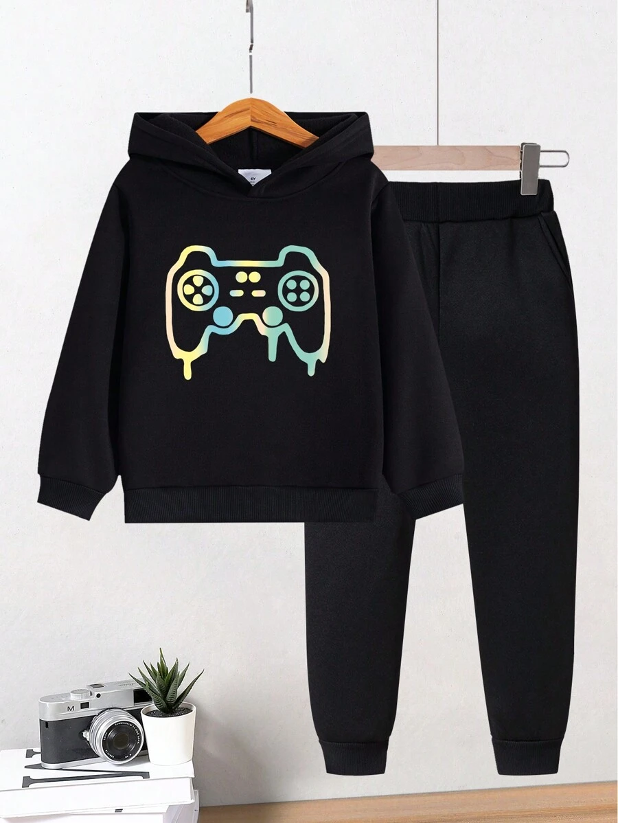 2pcs/Set Boys' Video Game Graphic Print Hoodie And Sweatpants Set - Black - View 1