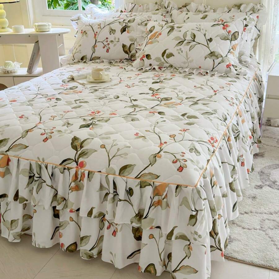 3pcs Ruffle Bed Skirt Set, Quilted Floral Print All Season Anti-Slip Bedding Set (1 Bed Skirt + 2 Pillowcases, No Filler)
