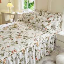 3pcs Ruffle Bed Skirt Set, Quilted Floral Print All Season Anti-Slip Bedding Set (1 Bed Skirt + 2 Pillowcases, No Filler)