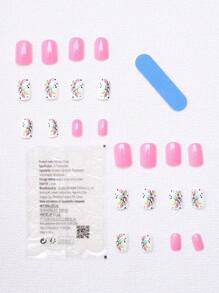 24Pcs Deluxe & Elegant Square Press-On False Nails With Multi-Color Floral, Leaf, And Grid Designs, For Daily Wear, With Jelly Glue And Nail File Included Nail Supplies Nails - Pink - View 5