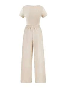 Women's Square Neck Shaping Bodysuit & High Waist Wide Leg Pockets Trousers Co-Ord,Short Sleeve Shapewear,Two-Piece Outfit For Womenswear - 米色 - 查看 2