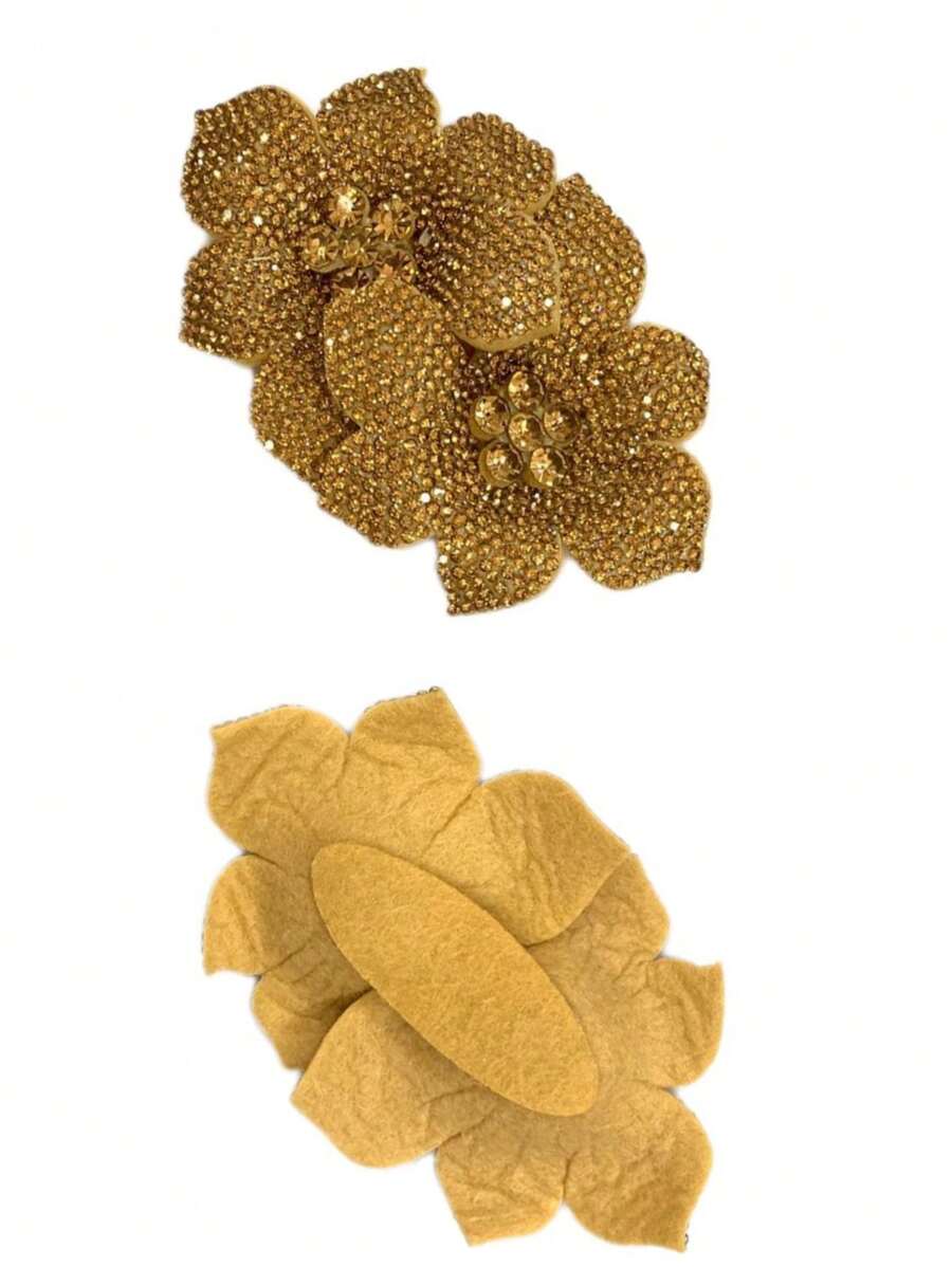 Double Flower Fabric Applique With Rhinestones - Pair - Vàng - Xem 1