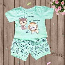 Short Sleeve T-Shirt + Shorts Set With Tiger And Lion Print Baby Boy Fits 2 To 5 Months 100% Cotton - 綠色 - 查看 2