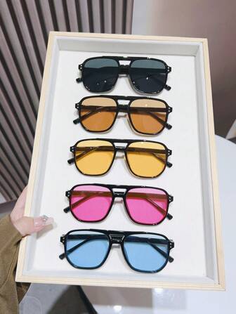 5pcs/1pc Plastic Geometric Double-Beam Full Frame Casual Minimalist Cute Retro Elegant Boho Style Multicolor Fashion Glasses Set, Suitable For Daily Commute, Outdoor, Party