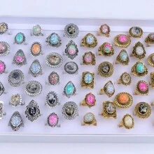 Paquete de 10 anillos de piedra natural vintage y ajustables, adecuados para joyería diaria de mujer, fiestas y regalos