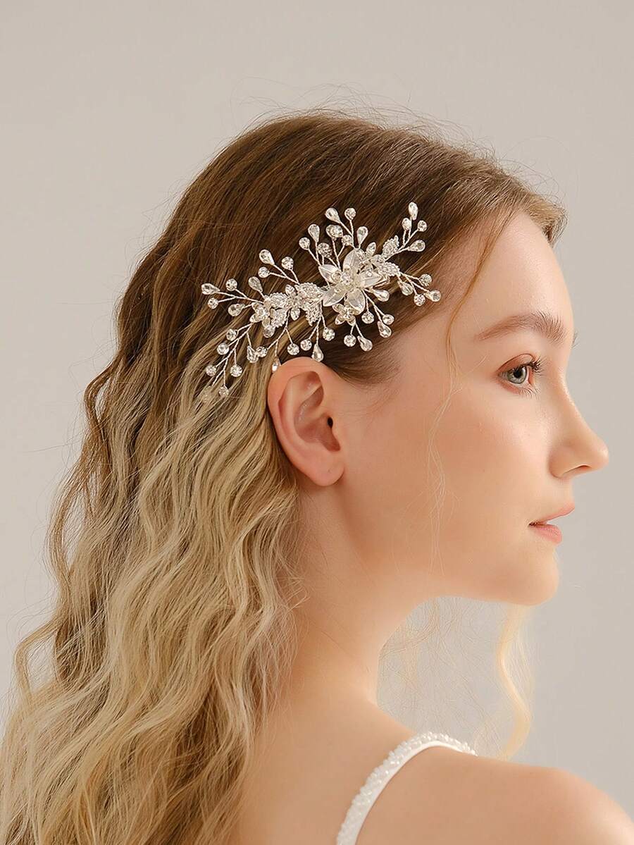 1 件装婚礼花童发夹新娘金属发饰水晶发夹新娘发饰适合女士和女孩 - 銀色 - 查看 1