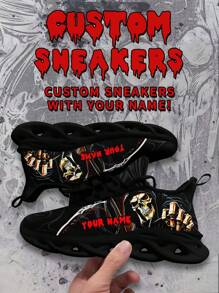 Women's Custom Sneakers, Golden Claw Skeleton Designed Name Customization Lightweight Comfortable Soft Bottom Sneakers For Women, Gym Training Breathable Tennis Shoes Unique Gift For Mom/Dad/Her/Him/Girlfriend/Boyfriend/Wife/Husband/Friend - Black - View 5