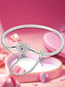 1pc 16-22cm 925 Sterling Silver Heart Beads Snake Bone Bracelet, Gift For Women/Girlfriend, Elegant Women Jewelry - Heart Lock Basic Chain - View 5