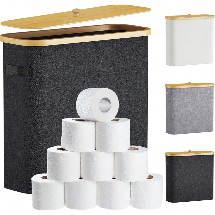 Giá để giấy vệ sinh bằng tre 30L có nắp và tay cầm, Giá để giấy vệ sinh đứng riêng biệt, đựng được 12 cuộn lớn, Hộp đựng đồ dùng phòng tắm - Nhiều màu - Xem 1