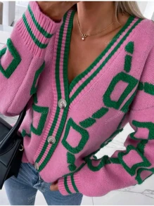 Women's Autumn/Winter V-Neck Single-Breasted Letter Pattern Knitted Cardigan Sweater Jacket,Long Sleeve Tops