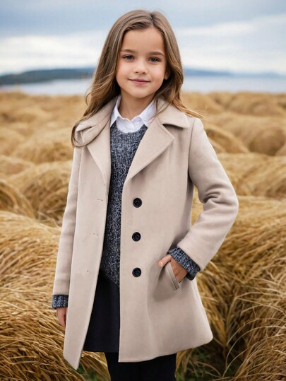 Chaqueta informal de manga larga de color liso para niña preadolescente con solapa, adecuada para otoño e invierno