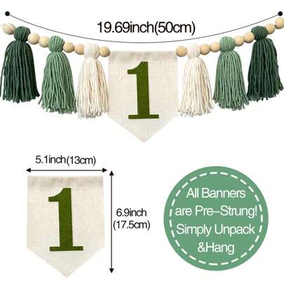 1 Striscione per seggiolone da compleanno con nappine verdi e marroni e ghirlanda floreale, per decorazione festa di compleanno e accessori per photobooth, Natale