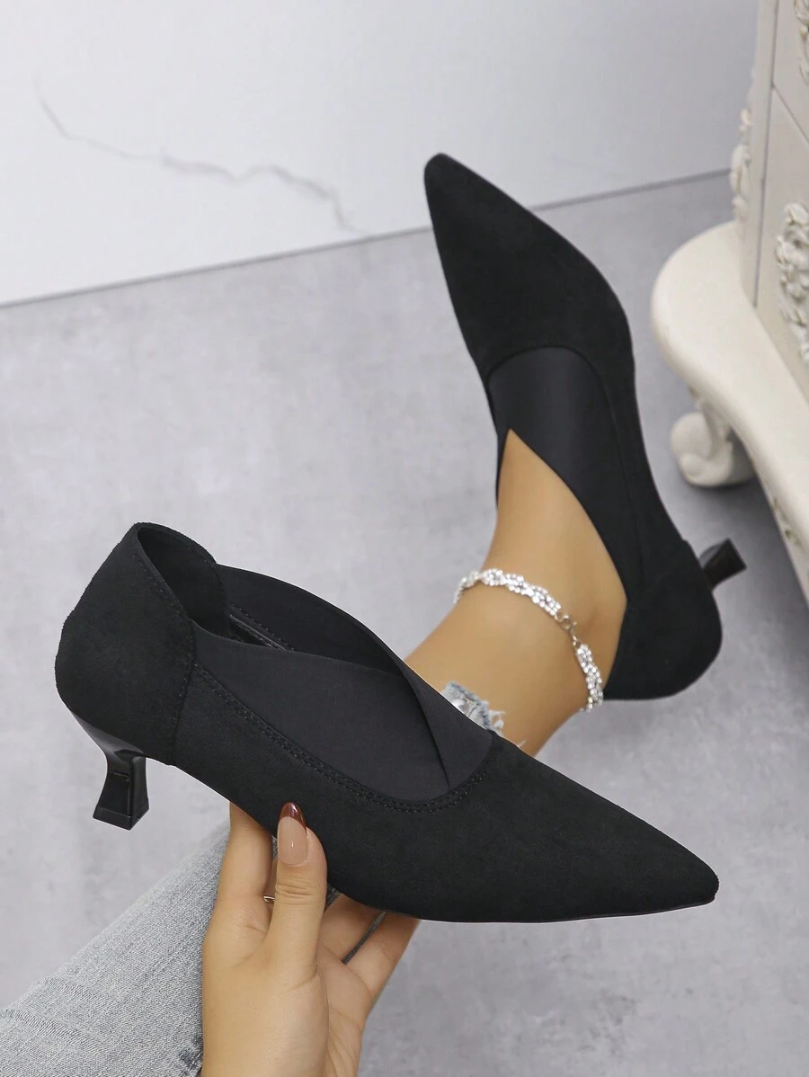 2024 New Black Pointed Toe Pumps For Women, Thin Heels, Soft Leather, V-Cut Vamp, Sexy & Slim, Suitable For Autumn - V-neck Black - View 1
