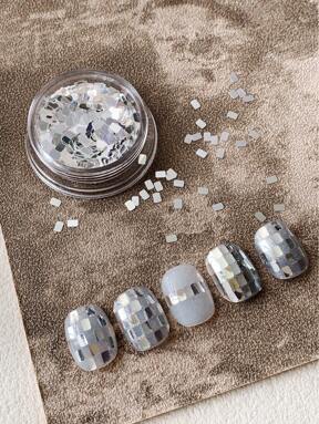 1 caja de Joyas de uñas cuadradas de purpurina plateada, decoración de arte de uñas de lujo con destellos minimalista, adecuado para salones de uñas y uso personal