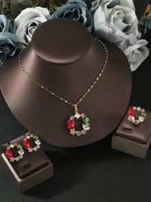 4 件套锆石微镶时尚彩色几何吊坠项链 + 耳环 + 戒指女士首饰套装，婚宴派对首饰 - 彩色 - 查看 1