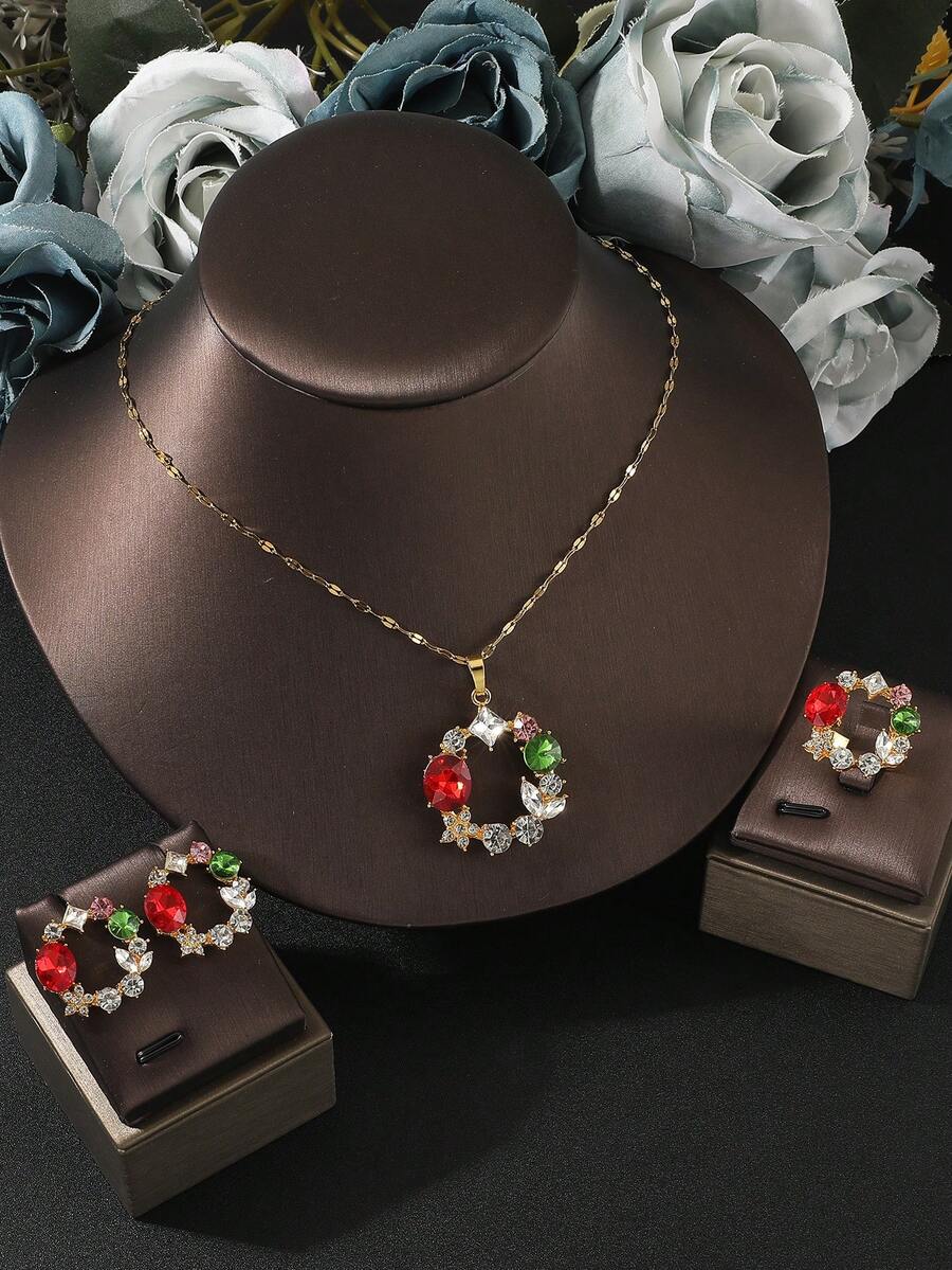 4 件套锆石微镶时尚彩色几何吊坠项链 + 耳环 + 戒指女士首饰套装，婚宴派对首饰 - 彩色 - 查看 1