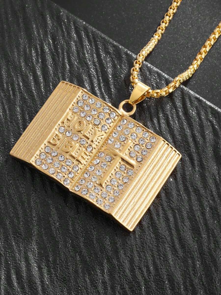 1 件优雅复古圣经钛钢吊坠项链，适合男士日常、通勤、聚会、节日派对佩戴 - 長方形 - 查看 1