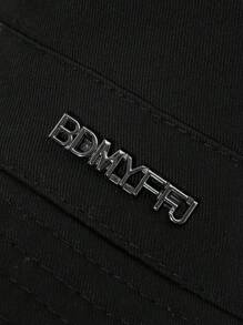 1pc Korean Style Fringed Metal Letter Decor Wide Brim Bucket Hat, Women Summer Outdoor Hiking Sun Protection Cap - New Metal Label Black - View 3