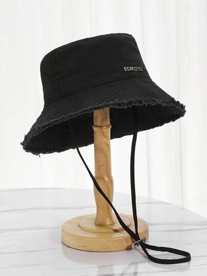 1 pieza Sombrero cubo de ala ancha con decoración de letra de metal con flecos estilo coreano, gorra para mujer para protección solar de verano uso al aire libre y senderismo