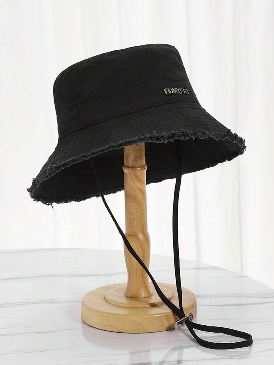 1pc Korean Style Fringed Metal Letter Decor Wide Brim Bucket Hat, Women Summer Outdoor Hiking Sun Protection Cap - New Metal Label Black - View 1