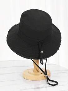 1pc Korean Style Fringed Metal Letter Decor Wide Brim Bucket Hat, Women Summer Outdoor Hiking Sun Protection Cap - New Metal Label Black - View 4