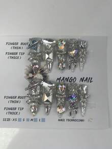10 件装按压指甲手工可拆卸逼真指甲长而尖的银色蝴蝶结粉色心形水钻蓝色水钻蝴蝶 K9 宝石多巴胺原创潮流彩色带粘性指甲胶标签适合女性女孩 - 深灰色 - 查看 6
