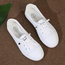 秋冬新款女士时尚简约白色圆头系带金色后跟轻便舒适一脚蹬休闲平底运动鞋 - 白色 - 查看 7