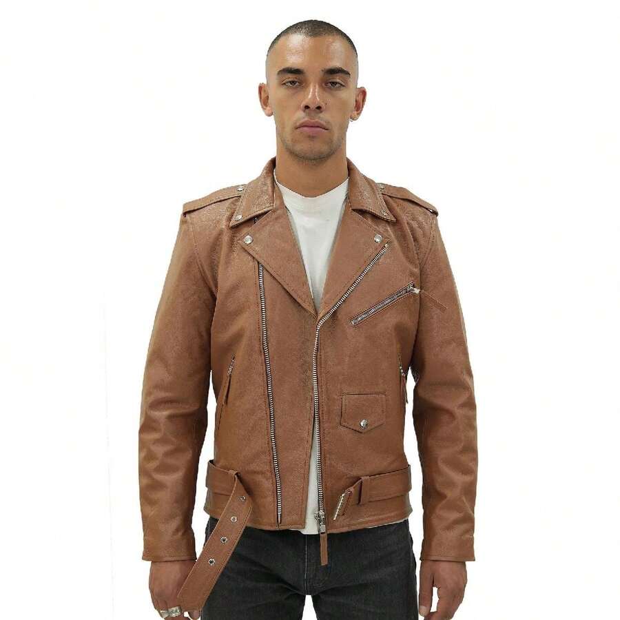 Mens Cow-Hide Black Brando Jacket -Venice - 譚 - 查看 1