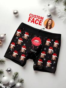 1pc Custom Christmas Boxers For Men Personalized Face Boxer Briefs Funny Underwear Gift For Him Husband Boyfriend Valentine Birthday Novelty Boxers - Black - View 3