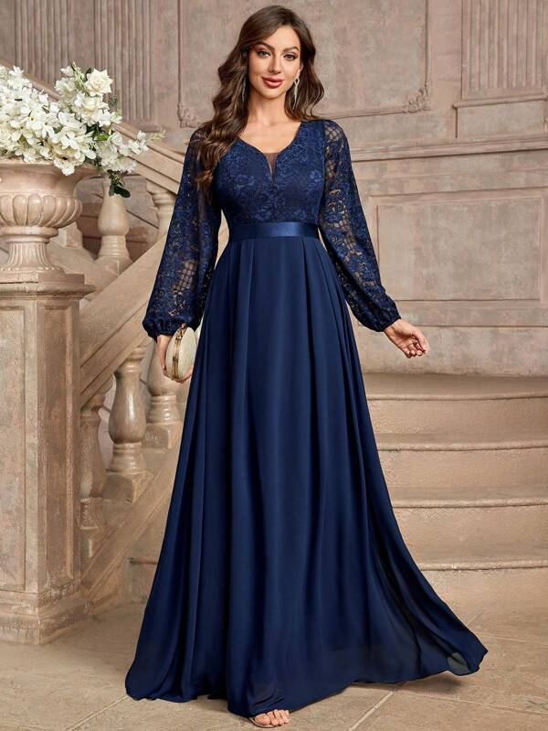 MIUSOL Elegant Floral Lace Deep V-Neck Lantern Sleeve Pleated Hem Evening Party Long Dress