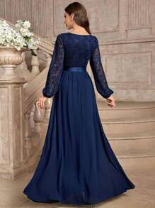 MIUSOL Elegant Floral Lace Deep V-Neck Lantern Sleeve Pleated Hem Evening Party Long Dress Wedding Spring - Navy Blue - View 3