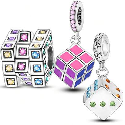 1 peça de prata cor colorida ziconia cubo mágico jogo de dados pingente charme ajuste original pulseira colar chaveiro contas para diy jóias fazendo presente para menina